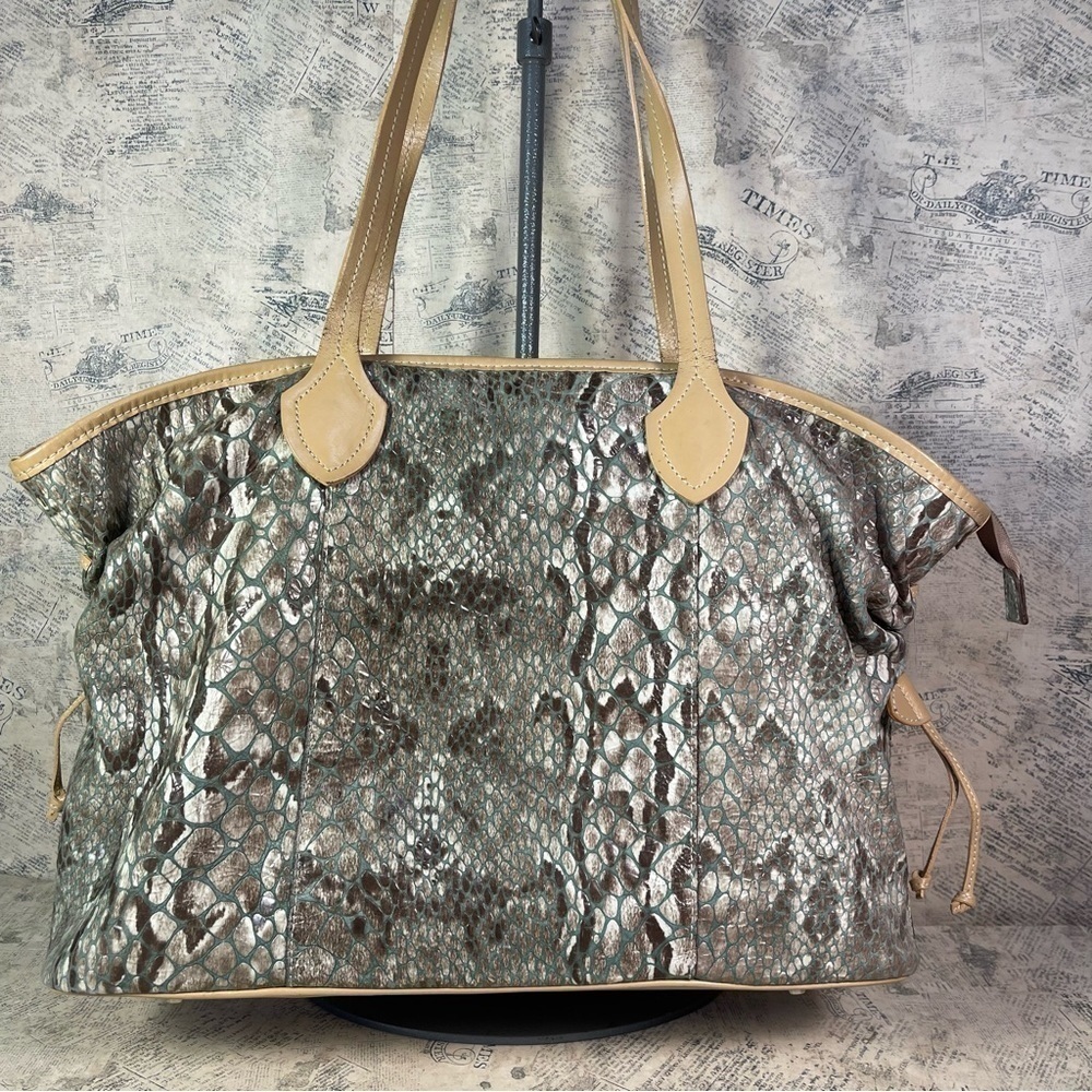 Roberta Gandolfi Italian Leather Python Print Tote Bag Laced Side Detail